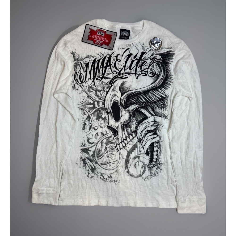 MMA Elite Mens UFC White Long Sleeve Thermal Skull Graphic Print Size Large